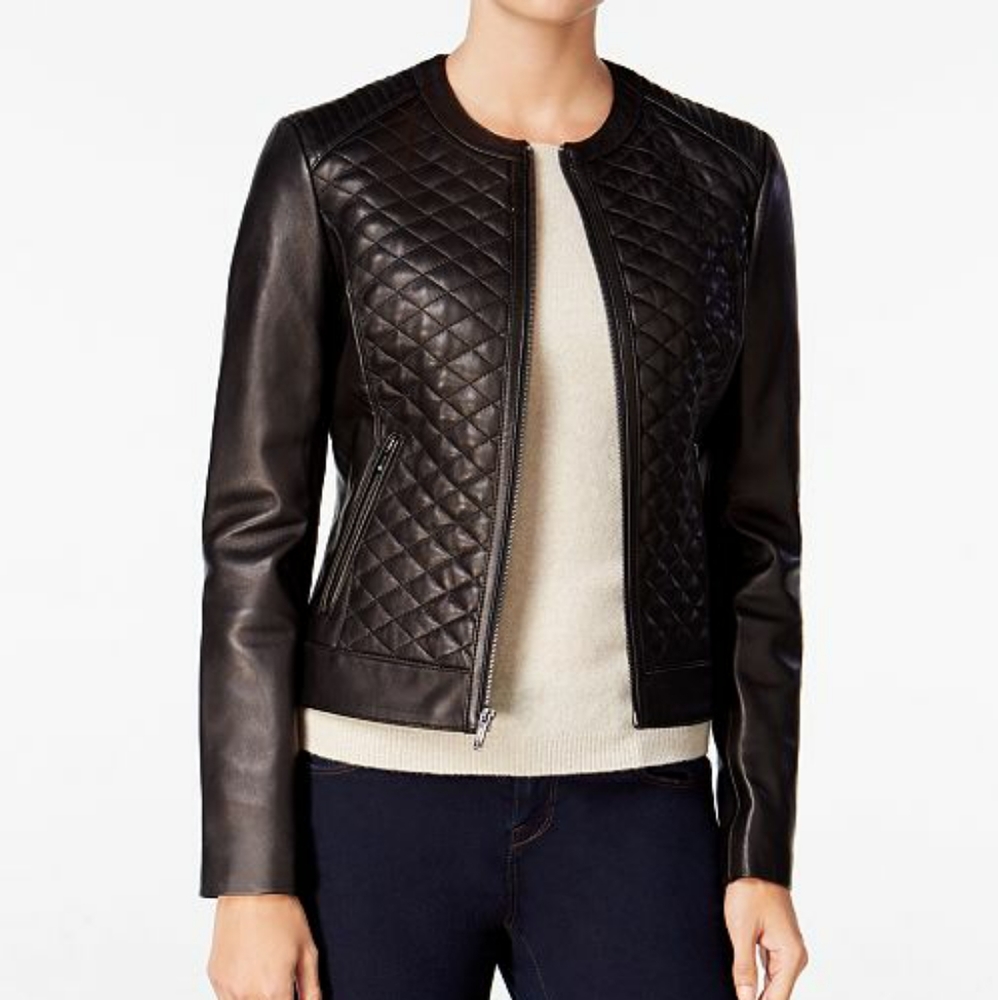 Cole Haan Quilted Leather Lambskin Moto Jacket L